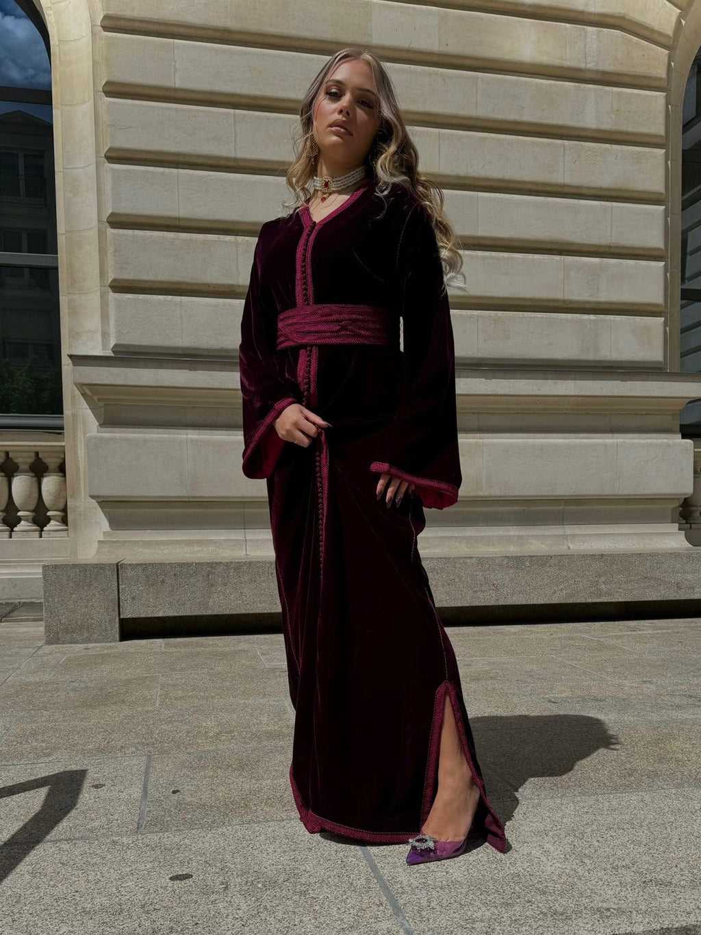 Caftan velours prune ceinture inclus