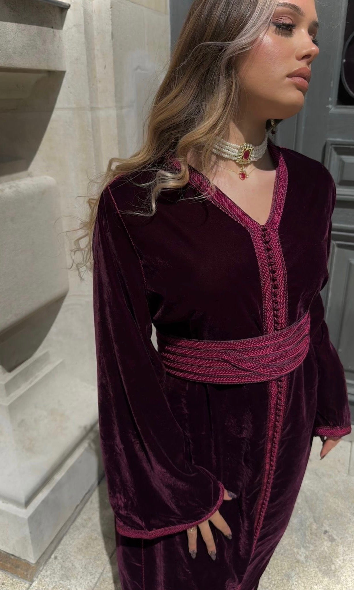 Caftan velours prune ceinture inclus