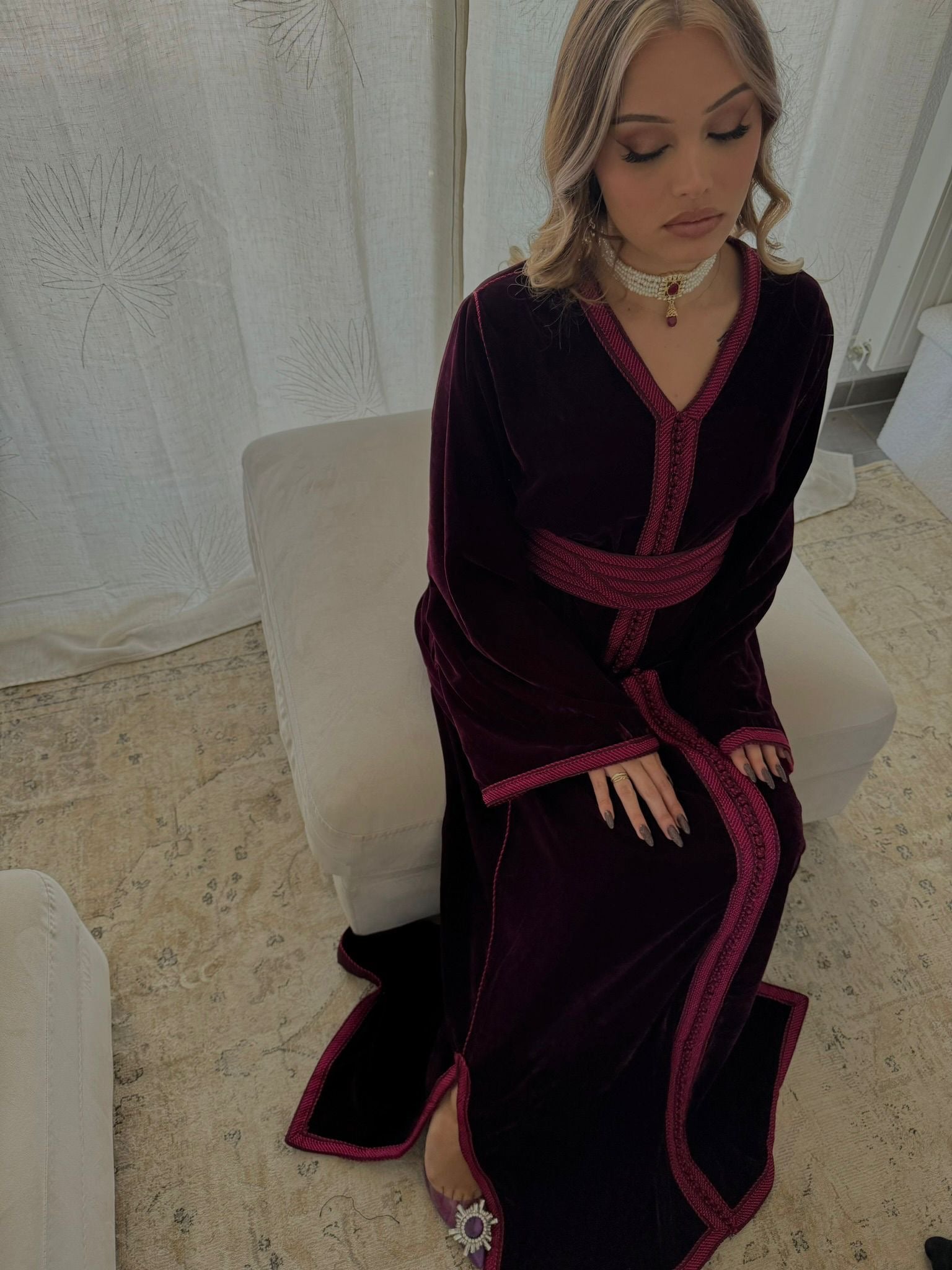 Caftan velours prune ceinture inclus